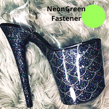 Load image into Gallery viewer, Clear Pleaser Style Open Toe Glitter Shoe Protectors -Neon Green Fastener