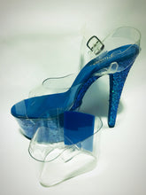 Load image into Gallery viewer, Clear Pleaser Style Open Toe Glitter Shoe Protectors -Blue Fastener