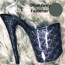 Load image into Gallery viewer, Clear Pleaser Style Open Toe Glitter Shoe Protectors -Dark Olive Grey Fastener