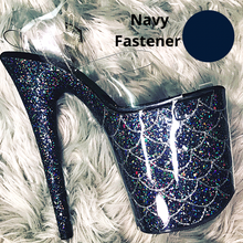 Load image into Gallery viewer, Clear Pleaser Style Open Toe Glitter Shoe Protectors -Navy Fastener