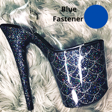 Load image into Gallery viewer, Clear Pleaser Style Open Toe Glitter Shoe Protectors -Blue Fastener
