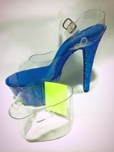 Load image into Gallery viewer, Clear Pleaser Style Open Toe Glitter Shoe Protectors -Neon Yellow Fastener
