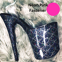 Load image into Gallery viewer, Clear Pleaser Style Open Toe Glitter Shoe Protectors -Neon Pink Fastener
