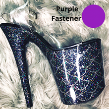 Load image into Gallery viewer, Pleaser Style Open Toe Clear Glitter Shoe Protectors -Purple Fastener
