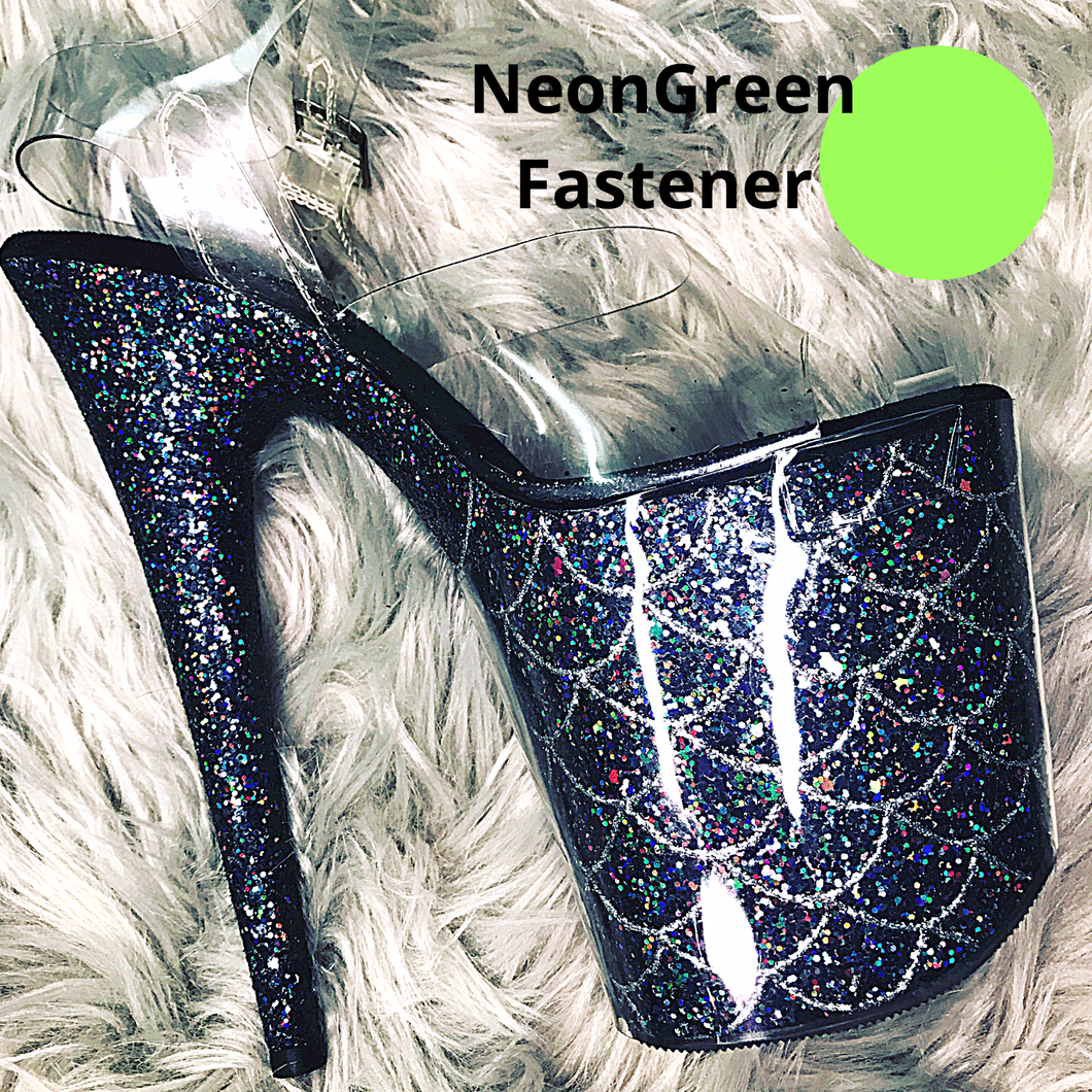 Clear Pleaser Style Open Toe Glitter Shoe Protectors -Neon Green Fastener