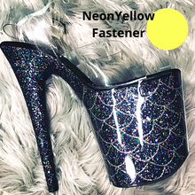Load image into Gallery viewer, Clear Pleaser Style Open Toe Glitter Shoe Protectors -Neon Yellow Fastener
