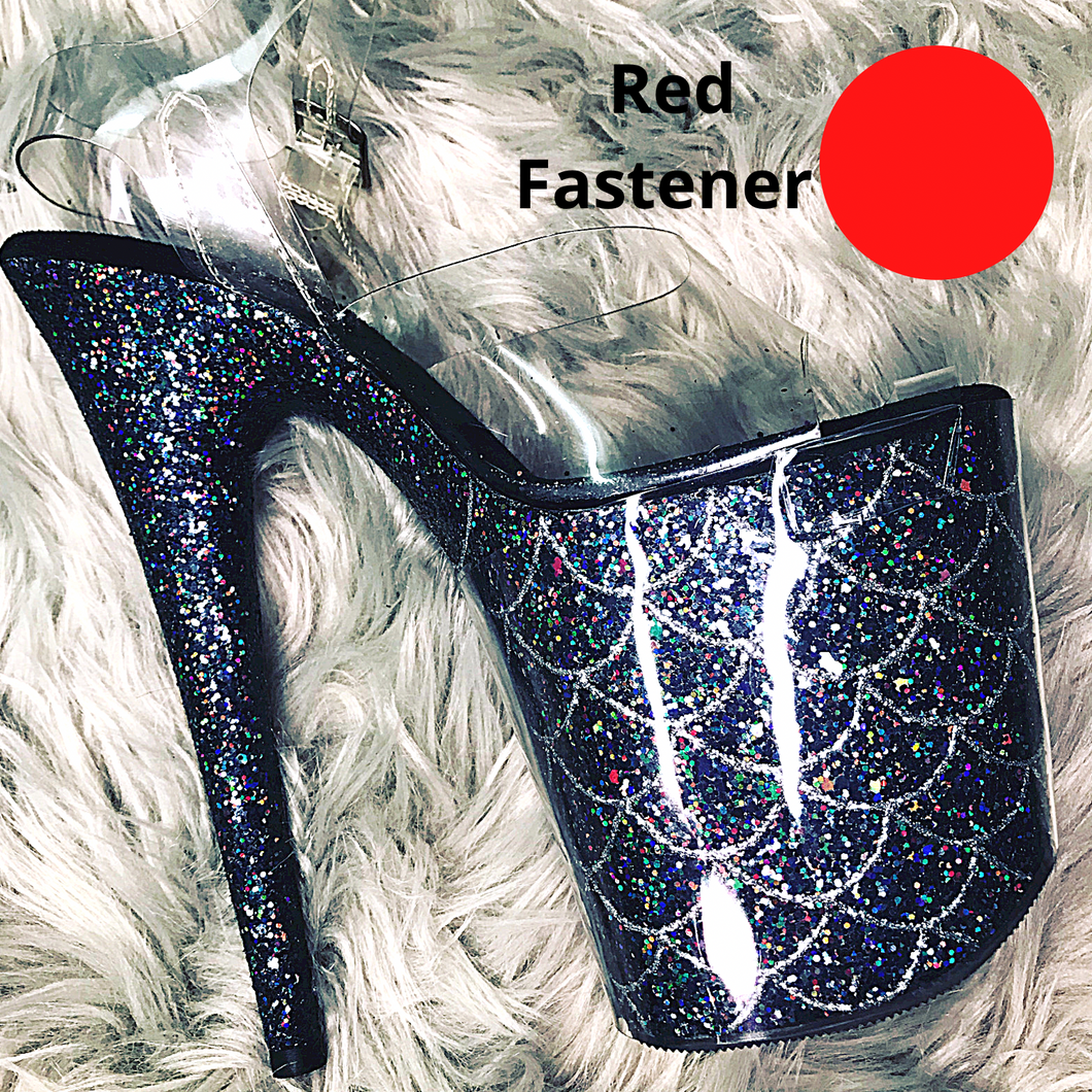 Clear Pleaser Style Open Toe Glitter Shoe Protectors -Red Fastener