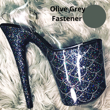 Load image into Gallery viewer, Clear Pleaser Style Open Toe Glitter Shoe Protectors -Dark Olive Grey Fastener
