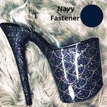 Load image into Gallery viewer, Clear Pleaser Style Open Toe Glitter Shoe Protectors -Navy Fastener
