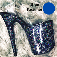 Load image into Gallery viewer, Clear Pleaser Style Open Toe Glitter Shoe Protectors -Blue Fastener
